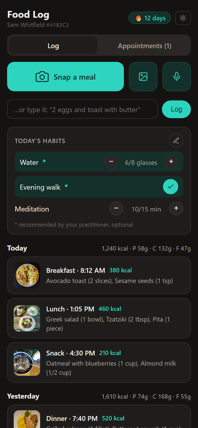 The patient food log: snap a meal, today's habits, and meals with photos and macros